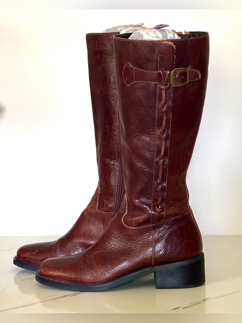 Nicole Campus Boot Women 8.5 Brown Leather Tall Riding Braided Buckle Square Toe